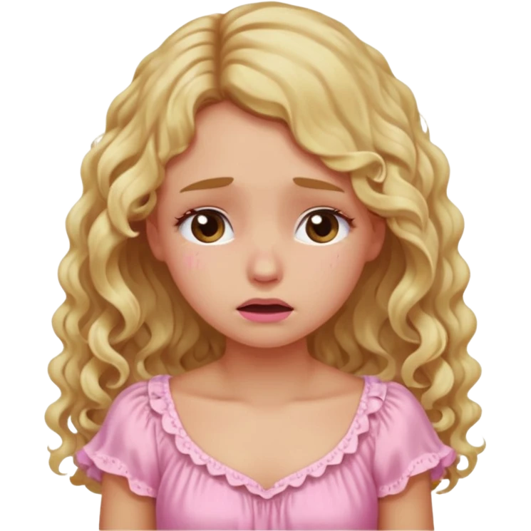 the girl is that criying with tears she has brown eyes and blond long hair curly pink dress  emoji
