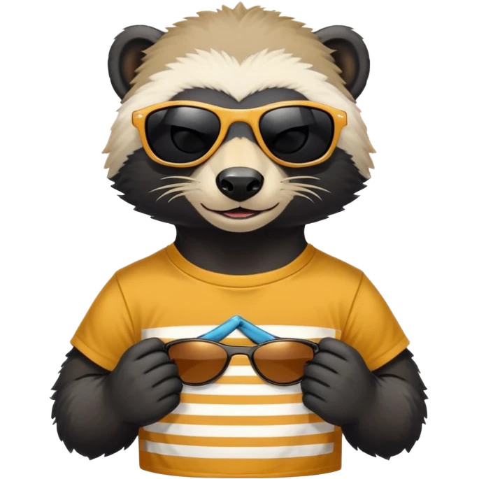 friendly anthropomorphised honey badger, close crop showing head, neck, and top of t-shirt with a graphic print, wearing sunglasses emoji