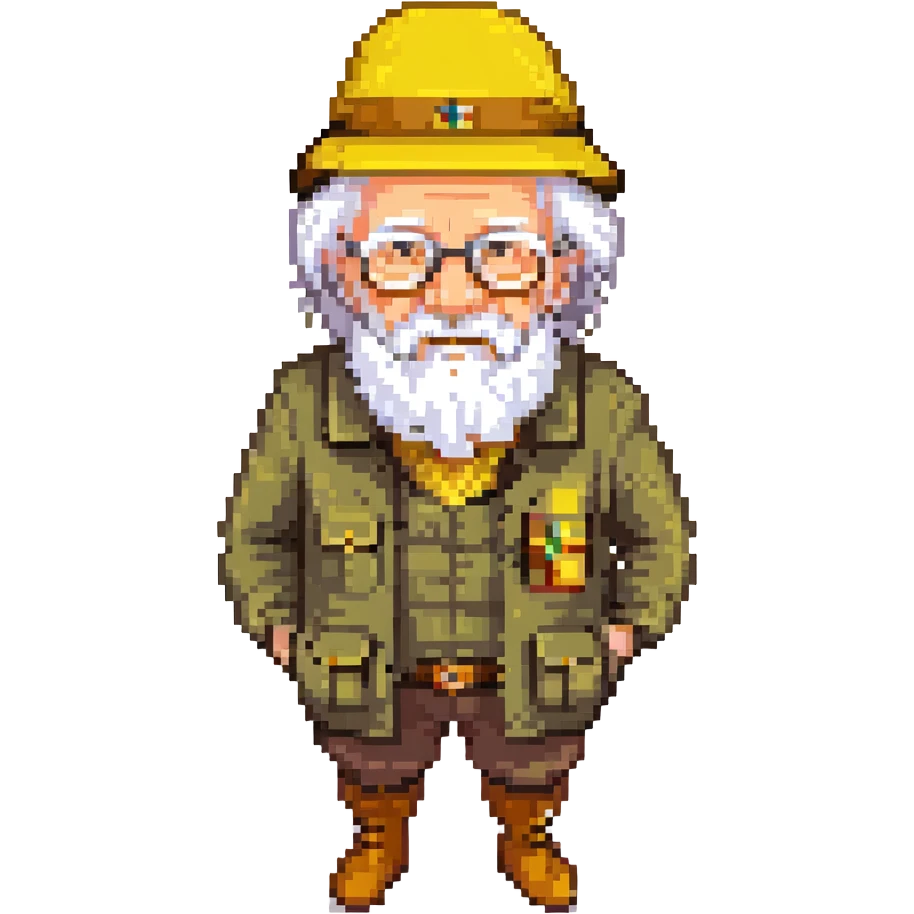 An elderly man with white hair and beard, wearing glasses and a yellow explorer hat emoji