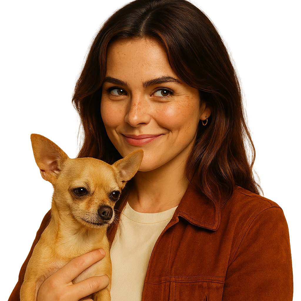Portrait for Instagram profile picture inspired by the facial features visible in the reference images, with a tanned complexion, subtle freckles, wearing a shirt color #FFF8CA and a rust-colored jacket, medium-length brown hair with auburn highlights, amused and mischievous expression, holding a beige-brown chihuahua, in the style of a Netflix series, intimate Tenerife ambiance, transparent background. emoji