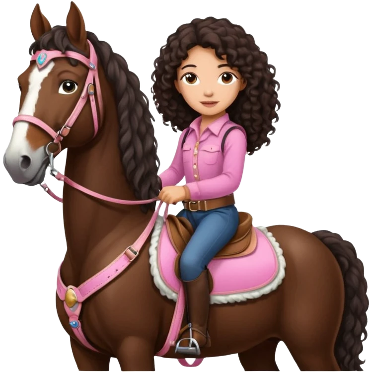 Realistic mixed race girl with long dark brown curly hair, riding a big shire draft horse, wearing pink harness and saddle  emoji