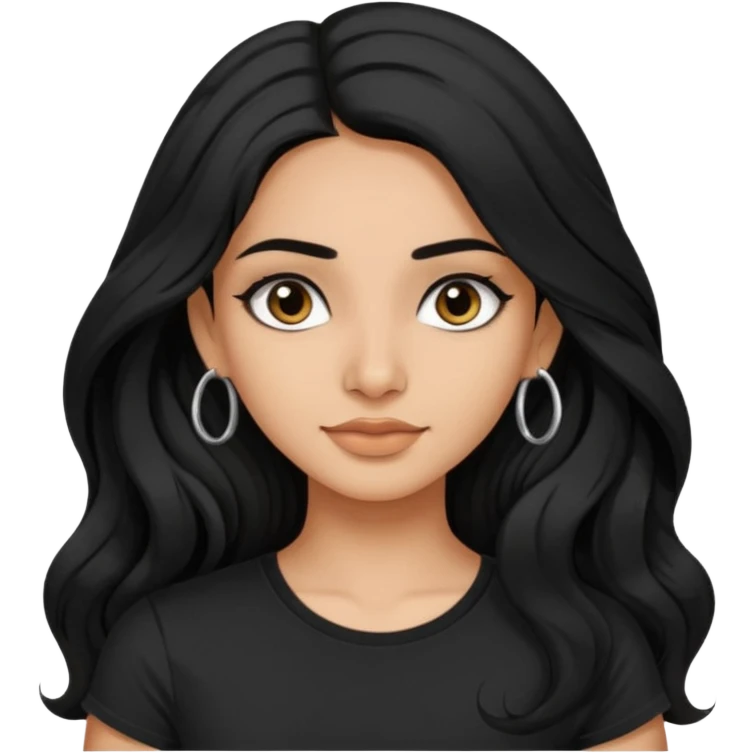 a pretty indian bratz girl with wavy long black hair, wearing a black tshirt, eyeliner on. no earrings emoji