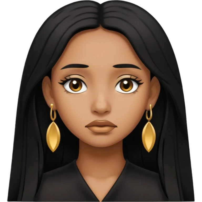brown girl who has long layered black hair with gold stud earrings  who is sad emoji