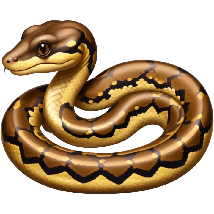 A photo-realistic headshot of a Ball Python with a rounded snout, soft contours, and a calm, curious look. Its warm brown head features bold dark markings, including the signature “alien-head” pattern. emoji