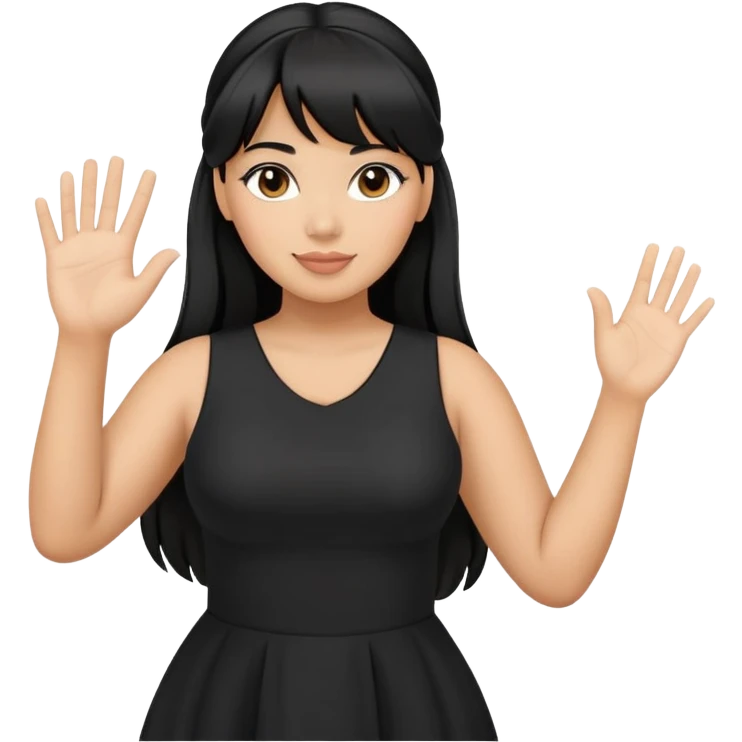 Latina girl with bangs black long hair in pony tail plus size black dress waving hand hello emoji