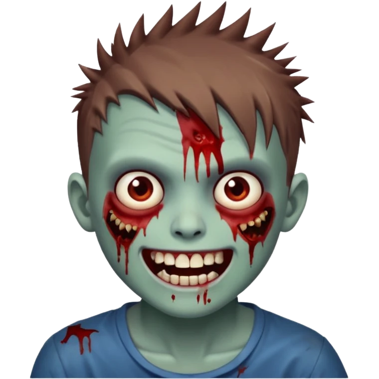 zombie boy with brown short spiky hair, white skin, and white eyes; an open smile, and bloodied teeth; emoji