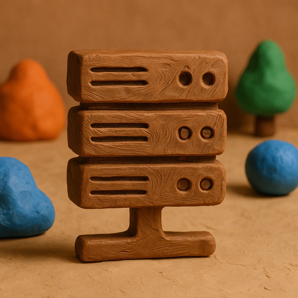 Make the server rack icon look more like it is carved from wood, with wood grain, chiseled features, and brown wood tones, in a claymation style. emoji