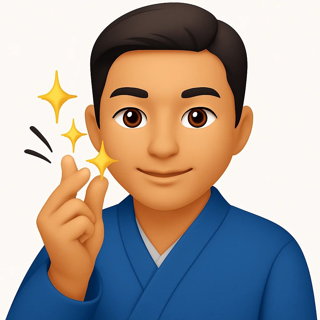 Change the man's jacket to a blue color, keep the dynamic finger snap motion and emoji style emoji