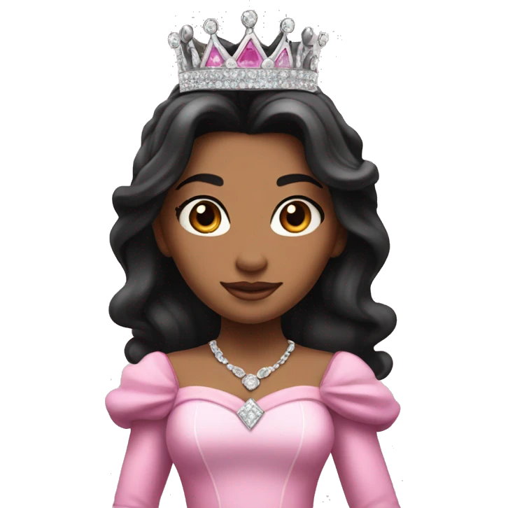 PRINCESS WITH WHITE SKIN, LONG VOLUMOUS BLACK HAIR, WITH PRINCESS CROWN, WITH PINK PRINCESS OUTFIT diamonds emoji