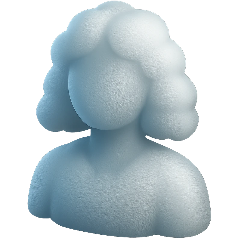 front view, person made of white fluffy clouds, shoulder length, matte glass style emoji