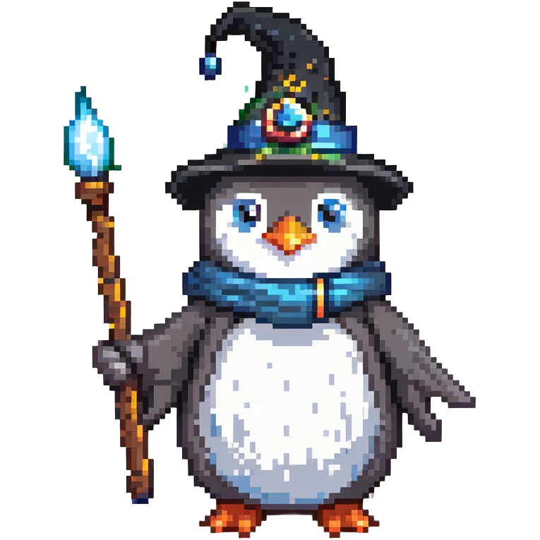 Penguin dressed as a wizard with a magical wand and pointy wizard hat emoji