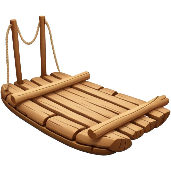 showing a simple wooden raft floating on calm blue water — made of several brown logs tied together with rope — gentle ripples around it — bright, cheerful lighting and soft shadows — minimalist, clean emoji design emoji