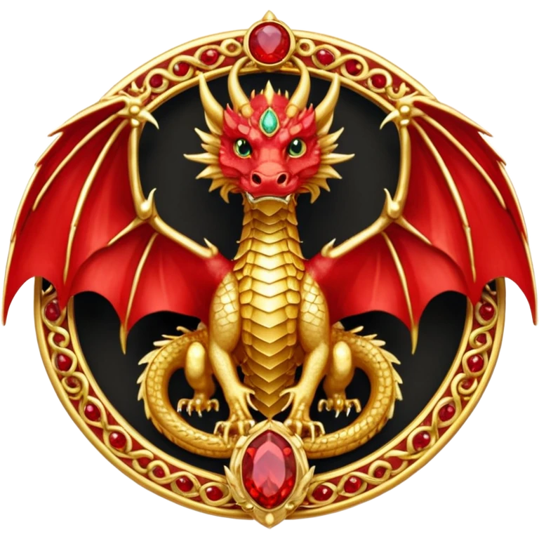 Golden Dragon with wings crest/brosch in a circle with red gems emoji