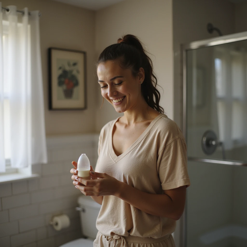 woman with PCOS in bathroom, wearing comfortable clothes, happily looking at a menstrual cup, realistic home environment, vertical 9:16, hyperrealistic 4K details emoji