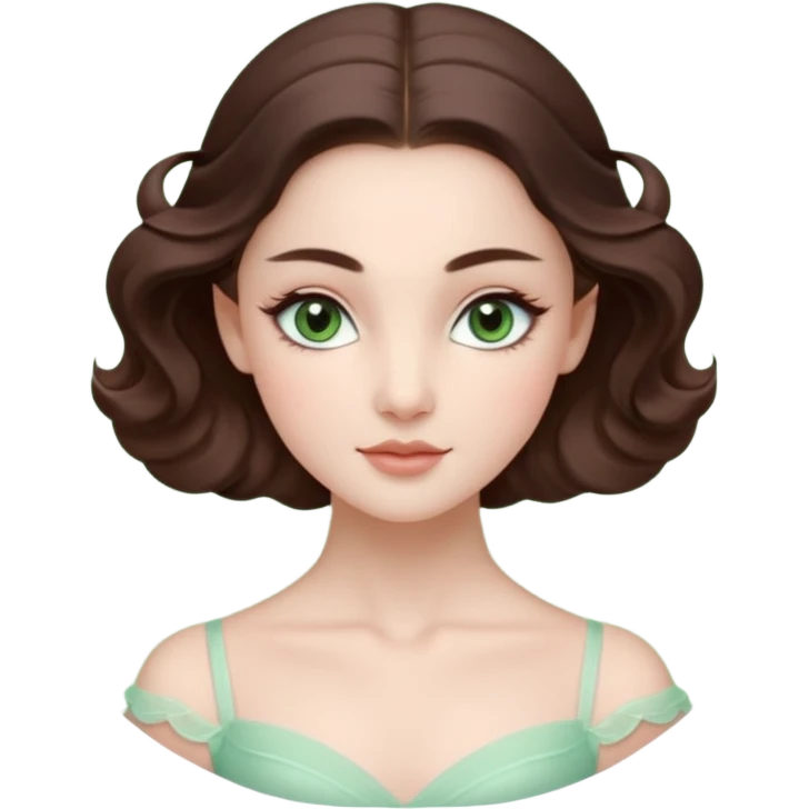 Cinema Realistic Ballerina Portrait, with porcelain-like skin featuring a natural rosy flush, illuminated by soft lighting that highlights the gentle contours of her face. Her Brunette hair flows in soft.Her deep green light eyes radiate framed by arched brows and long lashes. emoji