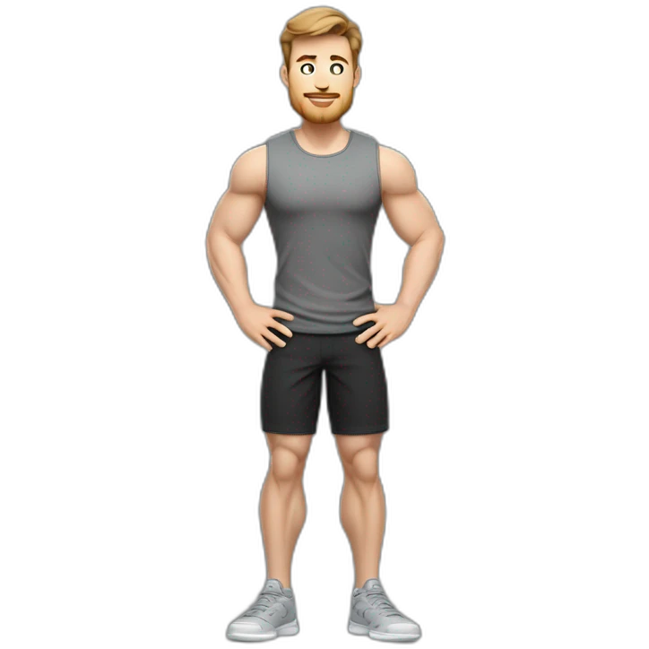 Full height Actively gesturing  with hands Pale skinned Fit Man With the biceps and brown hair in dark gray Sleeveless Mike, black oversize sports shorts, watch and white Sneakers emoji