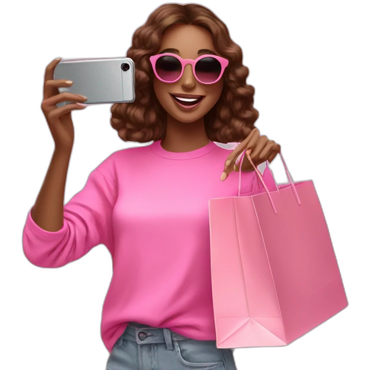 influencer taking selfie with a pink shopping bag emoji