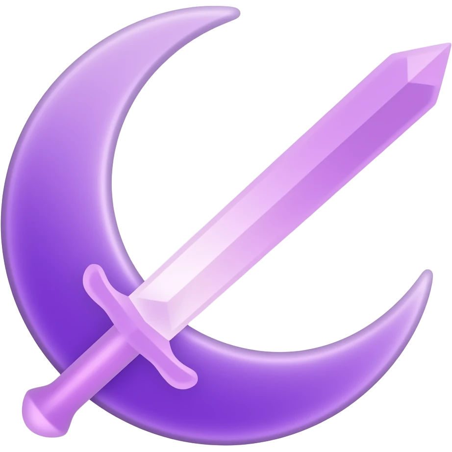 Glowing purple detailed crescent moon with an elegant detailed glowing purple transparent sword, emoji style. Soft violet and pink glow, minimal clean design, smooth edges, subtle lighting, centered, high contrast, transparent background. emoji