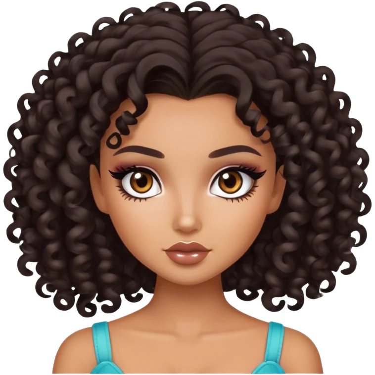 curly dark hair, pretty eyes, pretty makeup, pretty bratz baddie emoji