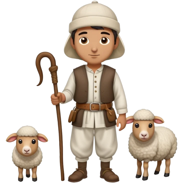 A Turkish shepherd wearing a white felt kepenek, loose shalwar pants, a cloth belt, and a wool cap, holding a wooden staff beside a sheep emoji