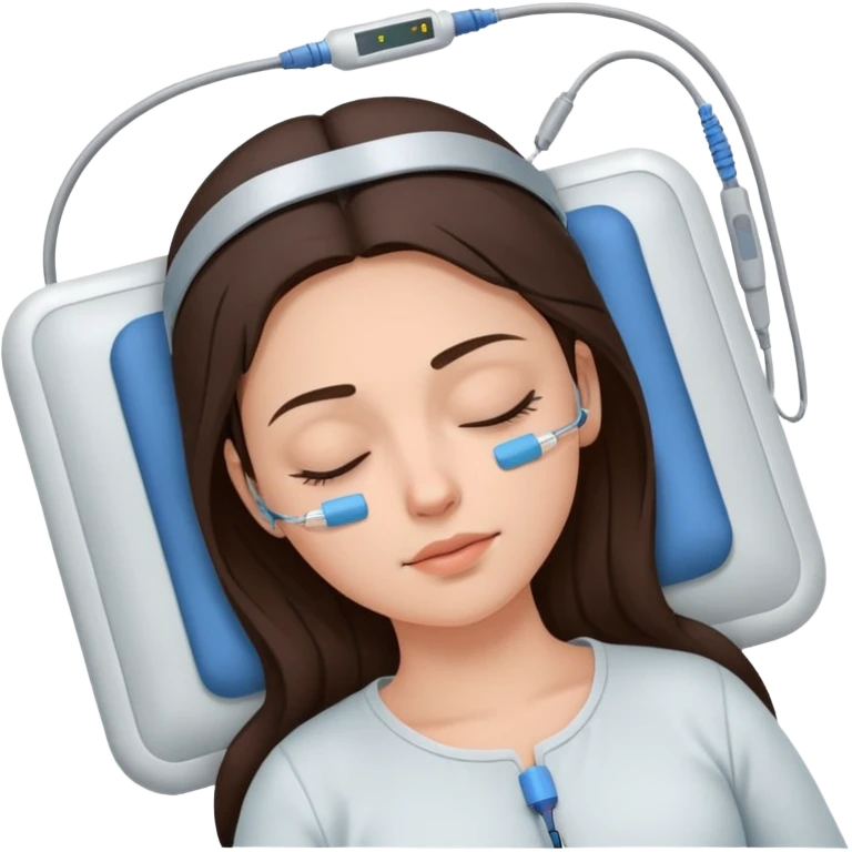 brunette woman sleeping polysomnography sleep test with electrodes attached to head emoji