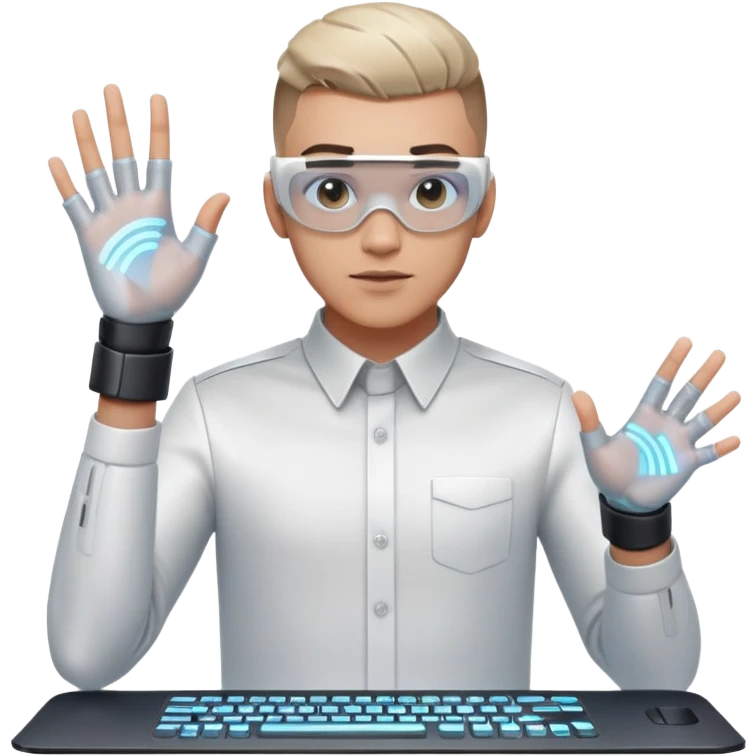 Hair: Tapered fade with micro-bangs Face: Sparse beard, virtual reality glare in pupils Clothes: Motion-capture gloves over dress shirt Action: Air-typing on holographic keyboard emoji