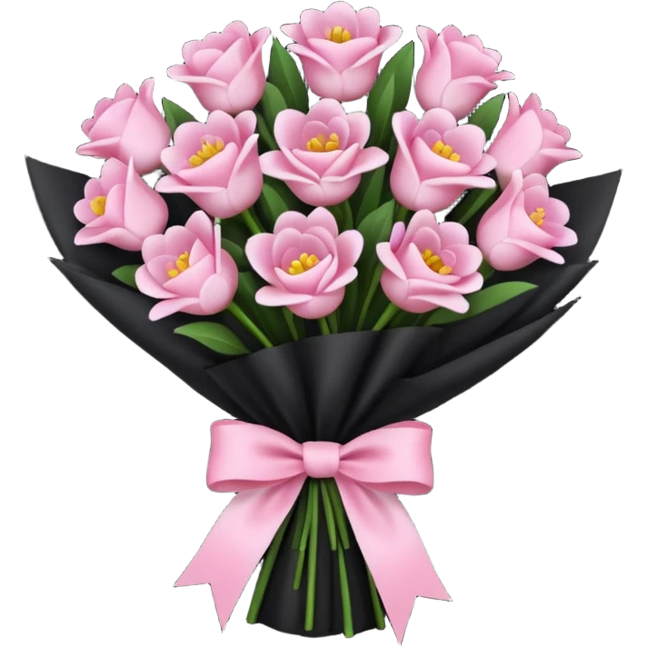 Create a baby pink and dark pink flowers bouquet with black wrap paper and with white bow emoji
