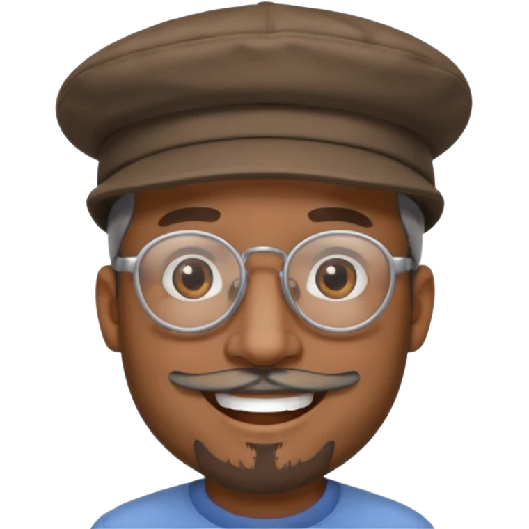 Brown man smiling no teeth showing with hat, clear glasses and gray goatee emoji