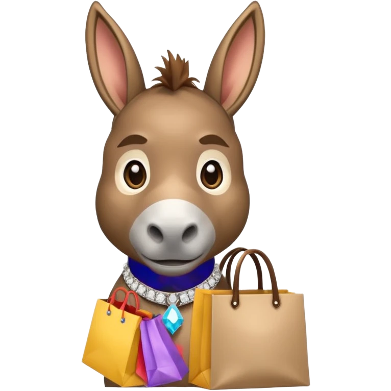 cute donkey with a diamond-studded collar, holding a shopping bag, looking spoiled and pampered, emoji style emoji
