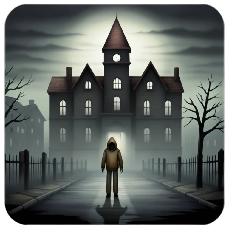 An icon representing a horror game, inspired by Silent Hill 2. The design features a foggy, eerie street with a shadowy figure in the distance. Creepy, dim lighting and dark, abandoned buildings set the tense atmosphere. Transparent background enhances the unsettling mood. emoji
