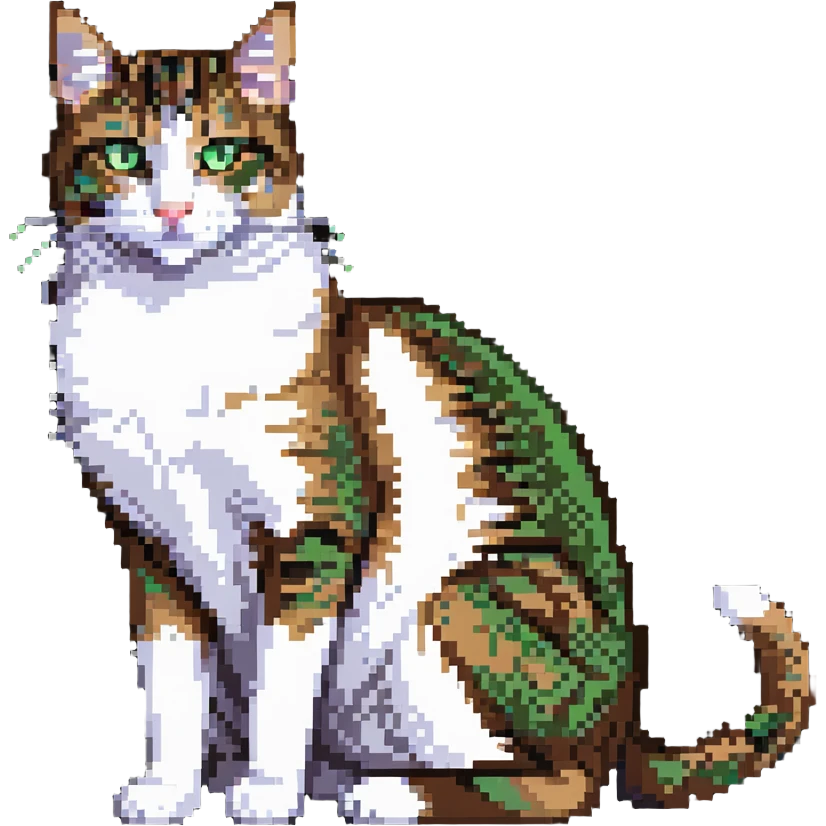 Brown, white, and black tabby cat with green eyes sitting to show its white belly, pixelated art emoji