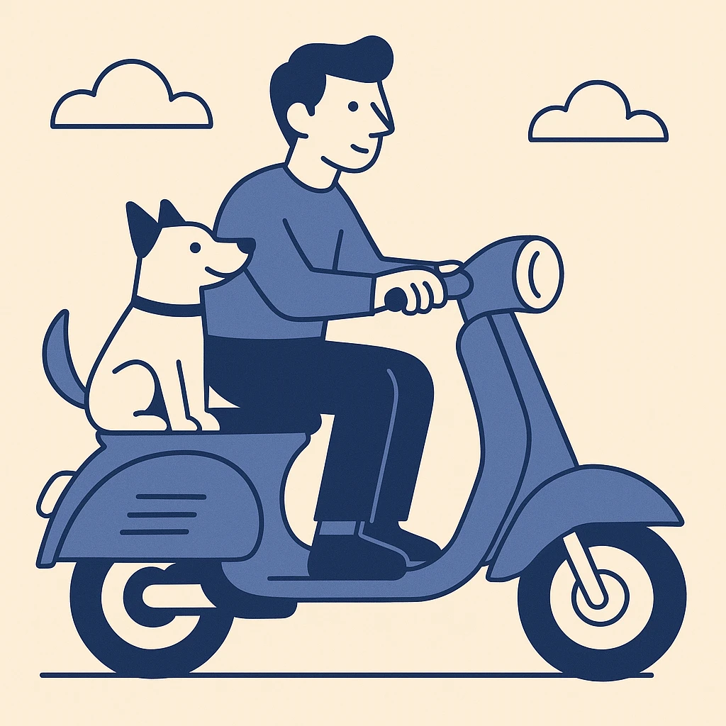 man and his pet dog riding a vespa emoji