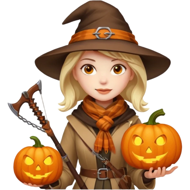 female human monster hunter emoji, wearing brown coat and hat, holding crossbow, soft smile, scarf, glowing pumpkin by her side, Halloween fantasy style, clean vector Apple emoji look, bright colors, white background, square emoji