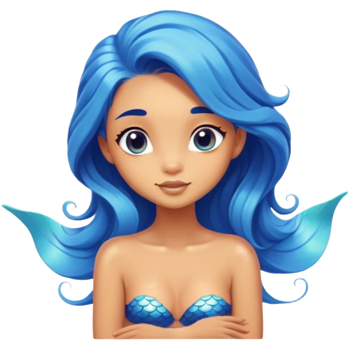Cinematic Realistic Blue Hair Mermaid Portrait, head tilted playfully and inquisitively, showcasing a delicate, tropical form with finely detailed, flowing blue hair contrasting beautifully against her sun-kissed tanned skin. Her bright, curious eyes sparkle like sea gems under warm filtered light, rendered with lifelike clarity and soft underwater illumination—capturing the essence of a spirited mermaid poised to dance playfully amidst coral reefs. emoji