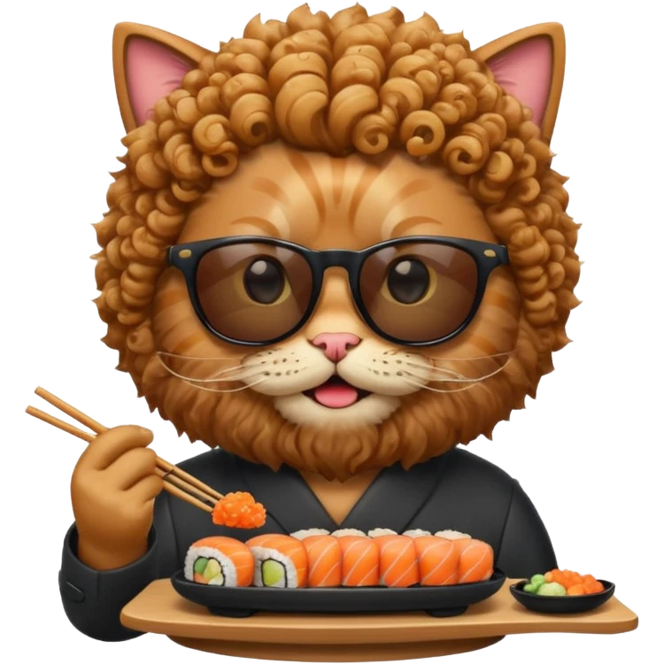 HAPPY CAT WITH CURLY HAIR AND A BIG BEARD wearing sunglasses and eating sushi emoji