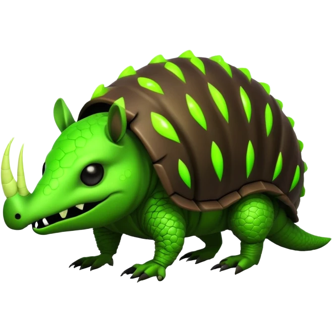 Biohazard armadillo. has black skin and a dark, segmented shell, with the middle sections of each segment glowing in a toxic lime green. The armadillo's face has a twisted, evil grin. His eyes are wide and intense, glowing in the same toxic green. emoji