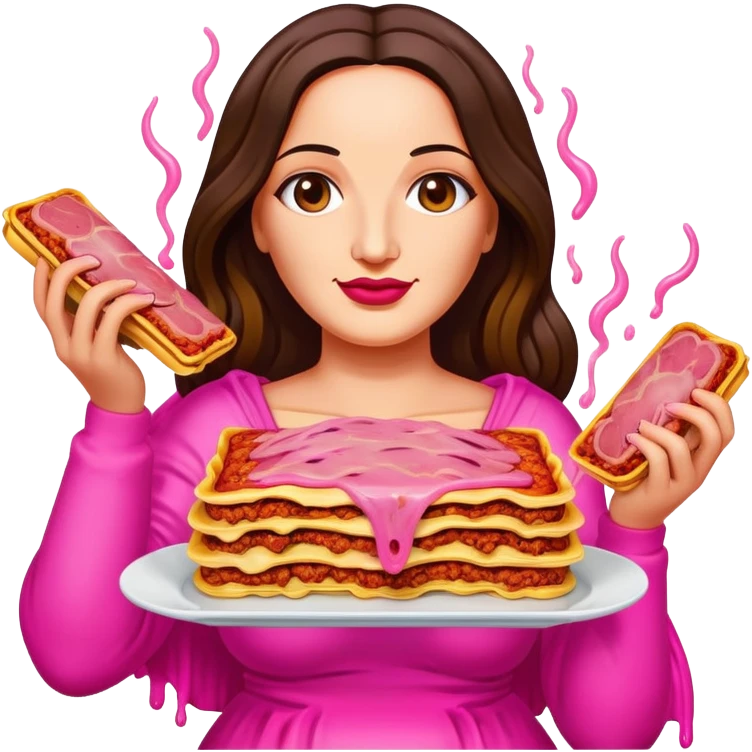 pop art neon Monalisa holding Melted pink gooey spam meat lasagna emoji