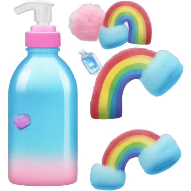 A blue UGGs, a cotton candy color water bottle, a rainbow hand sanitizer in the shape of a square emoji