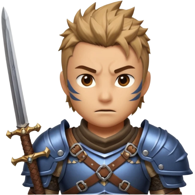 fantastic monster hunter warrior portrait, head and shoulders only, metal shoulder armor, sword strap visible, battle-worn look, intense expression, 3D cartoon, mobile game icon style, clean background, no text, no watermark
 emoji