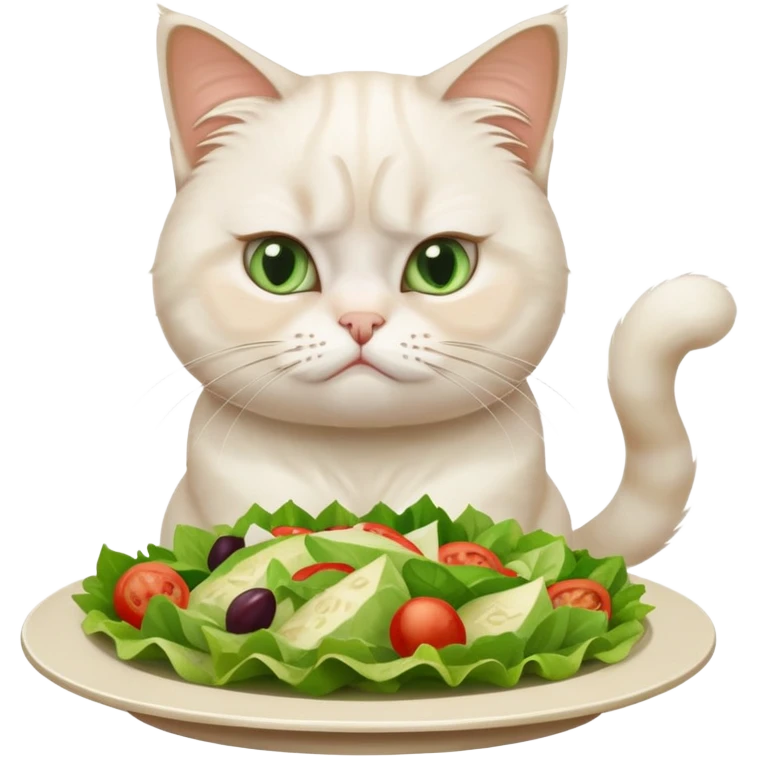 grumpy white cat sitting at a table, looking confused with its ears slightly back. In front of the cat is a plate with a salad emoji