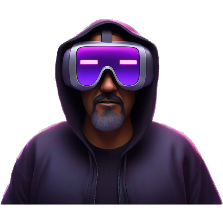 Big Lebowski wearing a black hoodie with "OMG" letters on it and VR headset oculus quest 2 in a cyberpunk VR environment with violet neon lighting. emoji