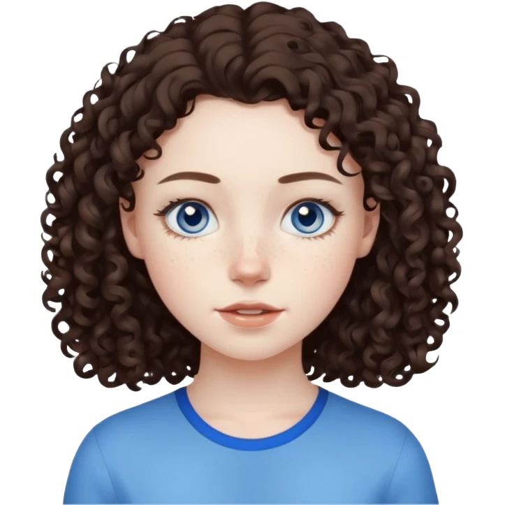 girl with dark brown curly hair, pale skin, blue eyes, some freckles, neutral expression emoji