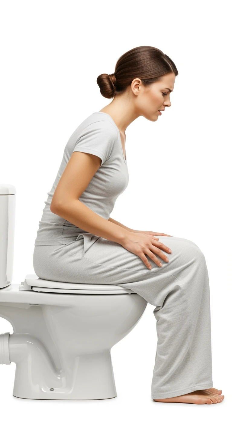 DONNA SEDUTA SUL WC DI PROFILO A FIGURA INTERA CON ESPRESSIONE DI DOLORE IN VOLTO PERCHé SOFFRE DI CISTITE, SFONDO BIANCO emoji