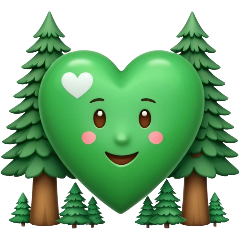 a big green heart emoji  with small pine trees behind it and i love you text on the front of the heart emoji