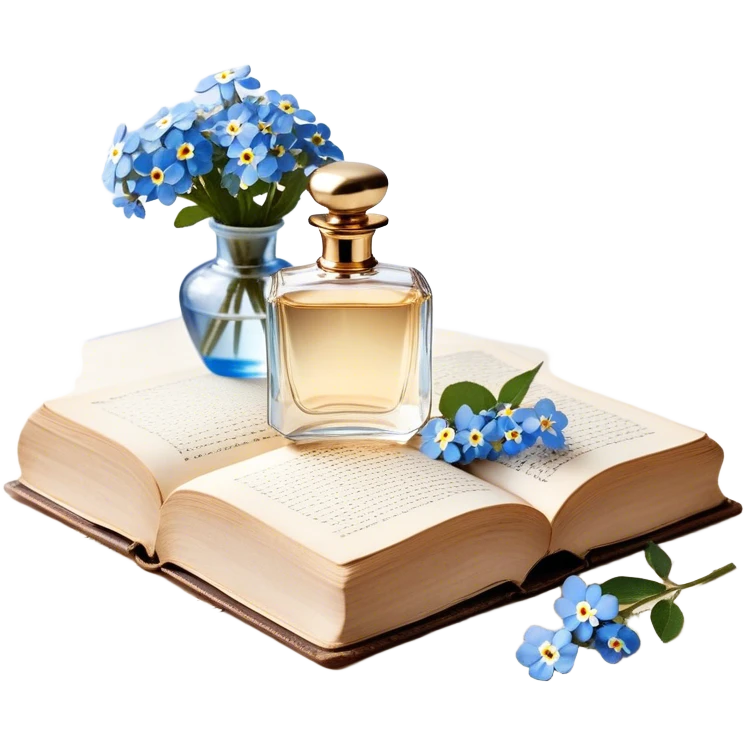 A tender and romantic arrangement of a vintage glass perfume bottle with a golden cap, placed next to a silk-bound book of poetry, with white roses and blue forget-me-nots artfully scattered around.
 emoji