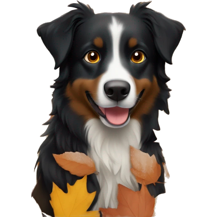 Small black australian shepherd dog in autumn leaves emoji