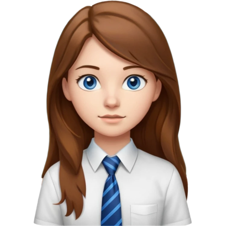 high school class room with a blackboard, with a pretty female high school student with long brown hair, blue eyes, wearing a tie emoji