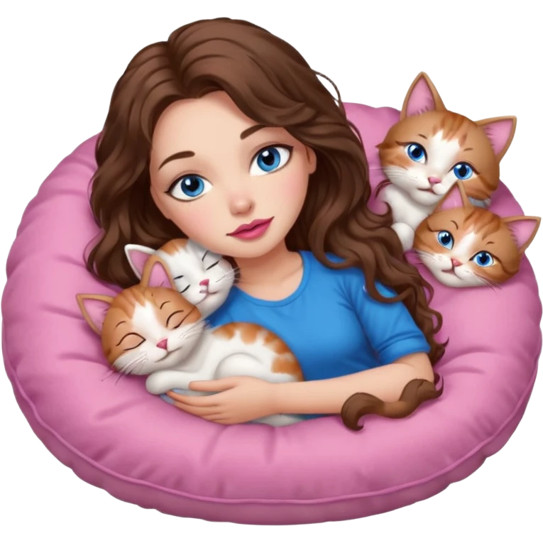girl with long wavy brown hair, blue eyes, long lashes makeup, sexy pink lips, sleeping on a cozy pillow with 6 cats emoji