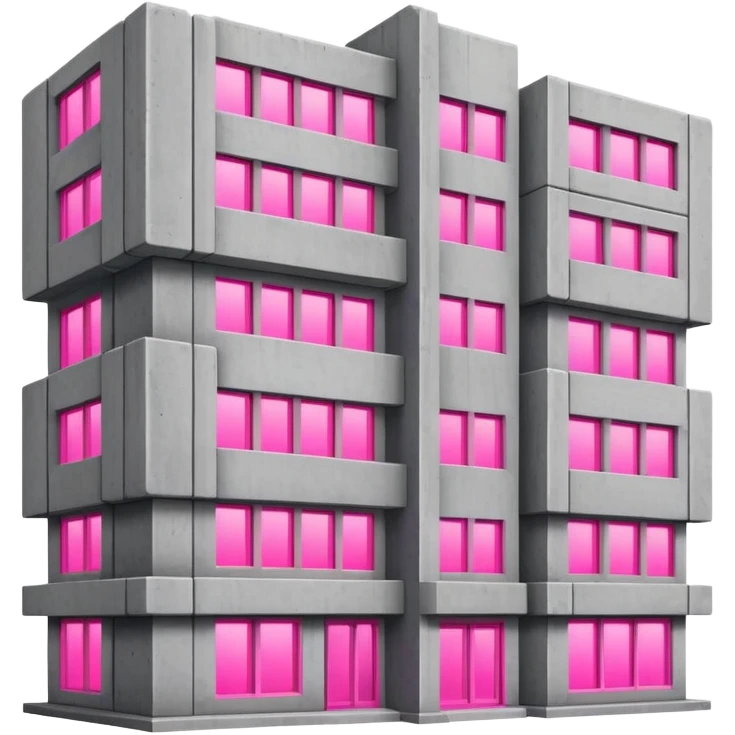 Brutalist gray concrete building with multiple windows where only one window glows bright pink and the rest are normal emoji