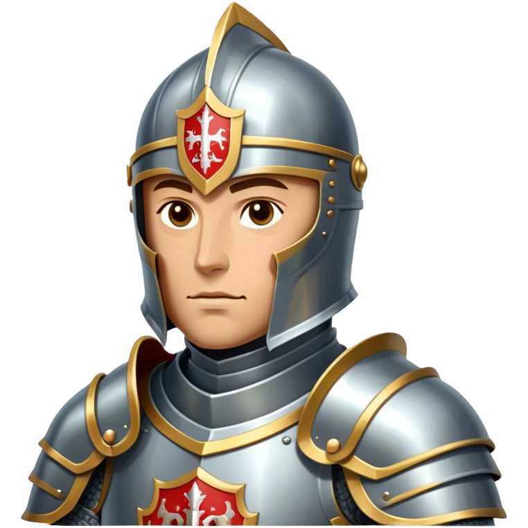 Clash of Clans aesthetic friendly Knight Portrait Emoji, With a noble, armored build featuring a gleaming suit adorned with intricate heraldry and a determined gaze behind a visored helm, his face rendered in a natural skin tone (not yellow), Simplified yet dynamic features, highly detailed, glowing with a cool, steely radiance, high shine, courageous and resolute, stylized with an air of chivalric valor, focused and stalwart, soft glowing outline, capturing the essence of a valiant knight ready to charge into epic quests with honor! emoji